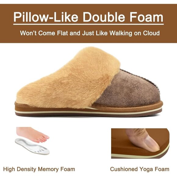 🆕Women Brown Suede Fluff Dual Memory Foam Arch Support Warm Scuff Slipper - Picture 8 of 10